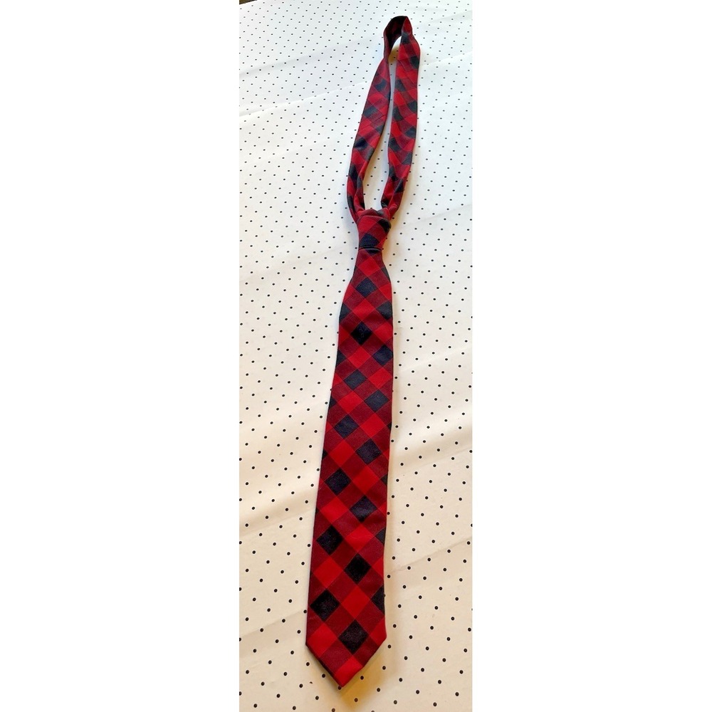 J Crew Handmade USA Buffalo Plaid Tie Red Black Cotton Skinny Necktie